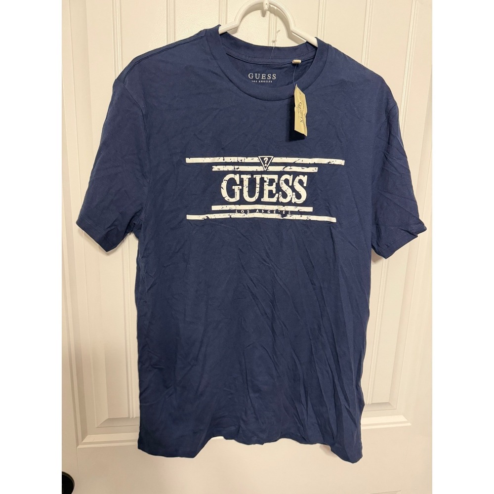Guess T-Shirt Mens Large Marblie Logo Crew Blackened Blue Graphic Distressed NEW